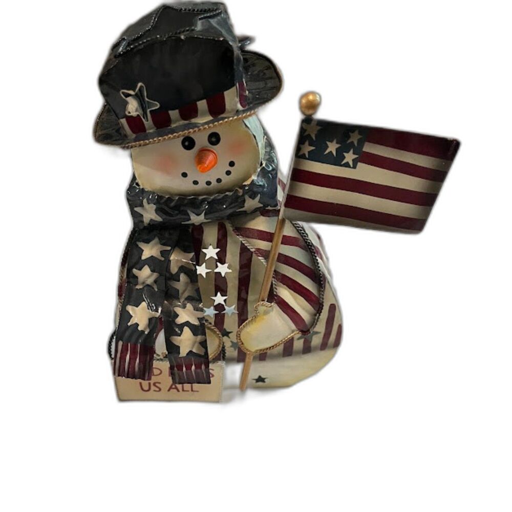 Metal Patriotic Snowman Votive Candleholder Christmas 4th of July Decor USA